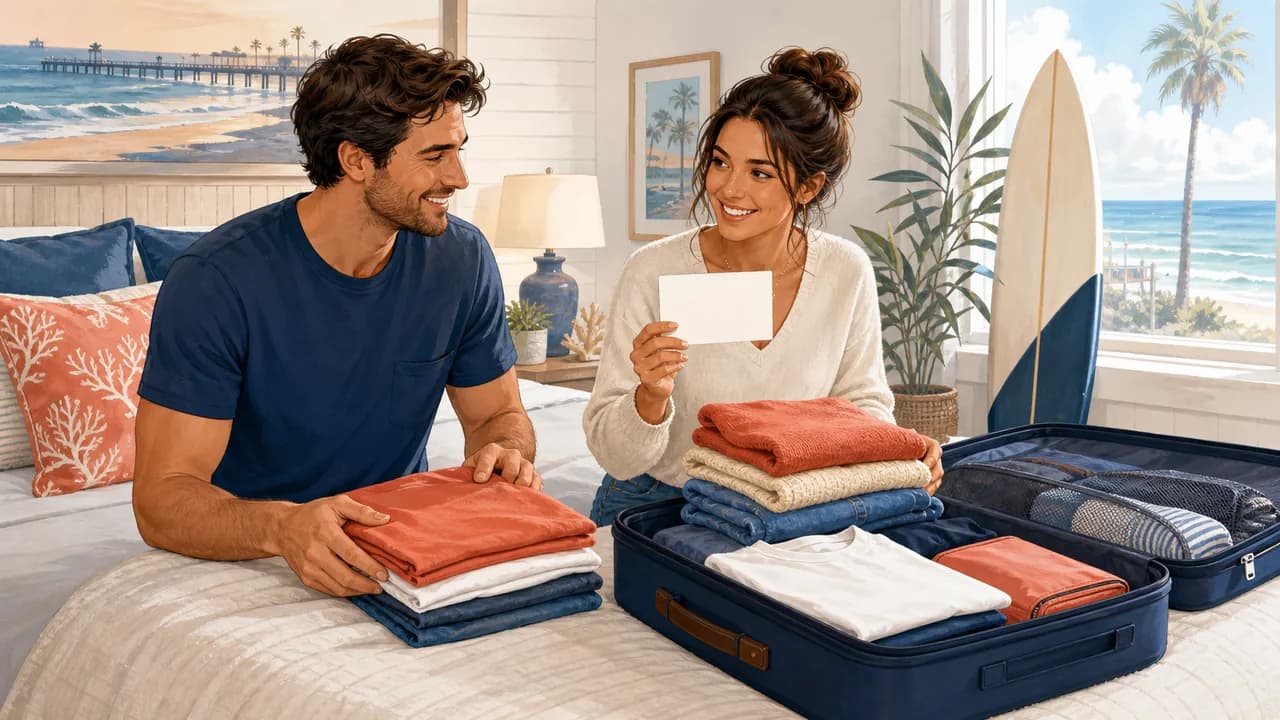 Two adults sort simple folded clothes beside an open suitcase in a bright Huntington Beach bedroom