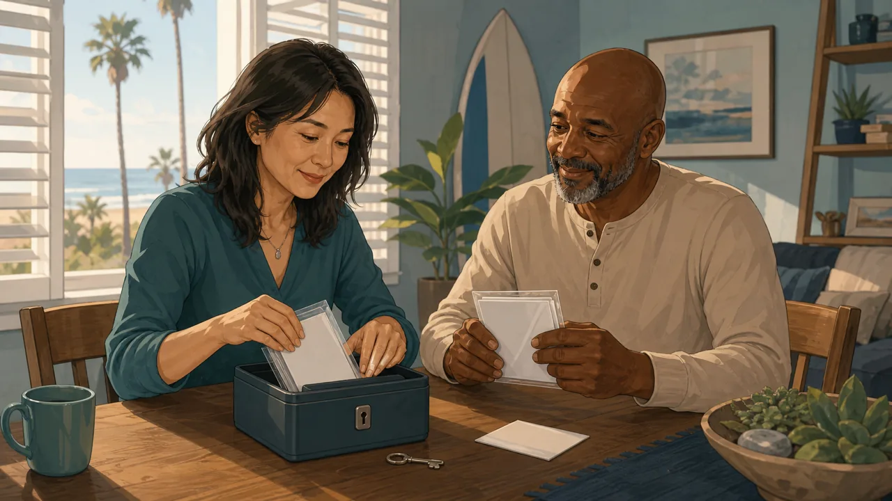Two adults sort blank document sleeves into a small lockbox in a coastal home