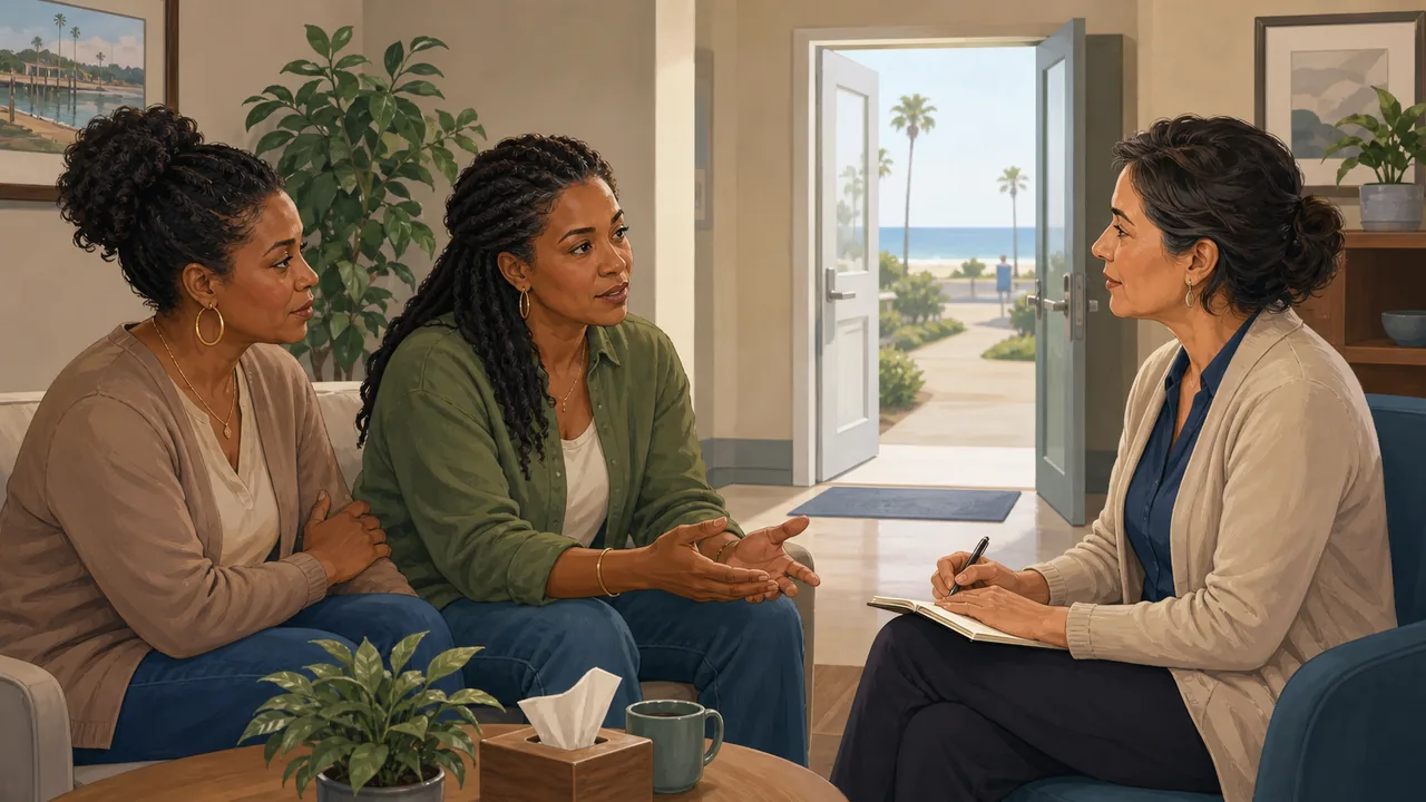An adult and family member discuss pre-arrival needs with an admissions professional beside a clear entry route