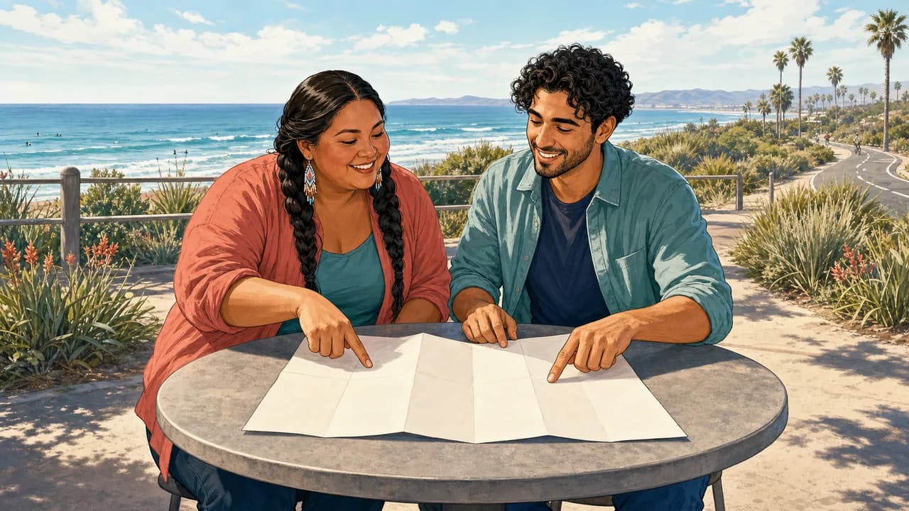 Two friends mark a blank weekend map at a sunny Huntington Beach overlook