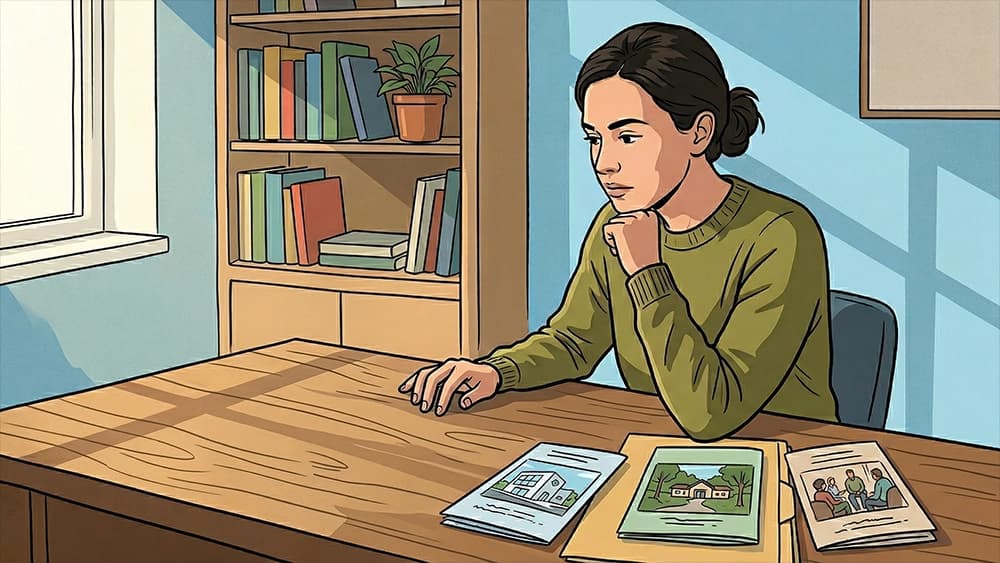 Illustration of a woman at a desk thinking over printed brochures about treatment programs