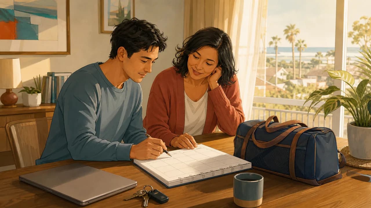A working adult and family member organizing a calendar, laptop handoff, keys, and travel bag in a sunlit home office