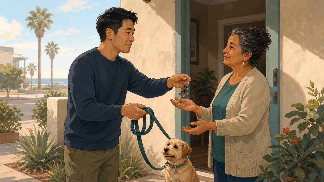 A man hands house keys and a dog leash to a trusted neighbor near Huntington Beach