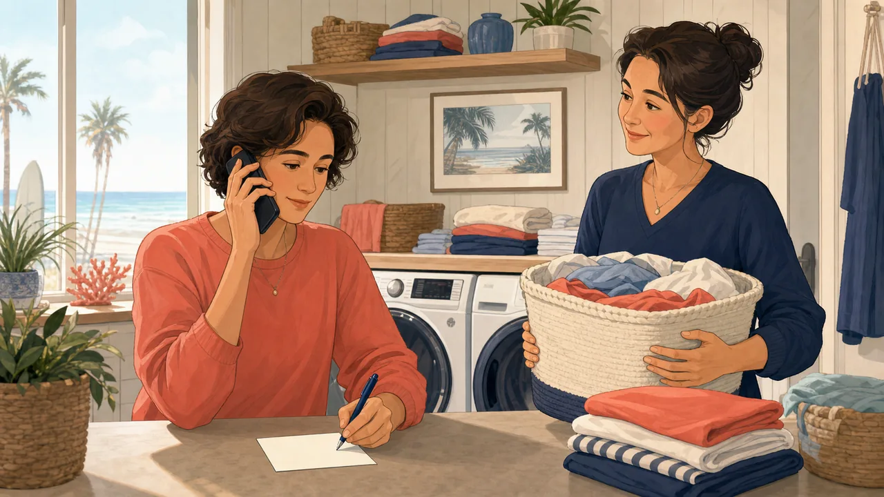 An adult writes questions on a blank card while a supportive relative holds a laundry basket beside neatly folded clothes