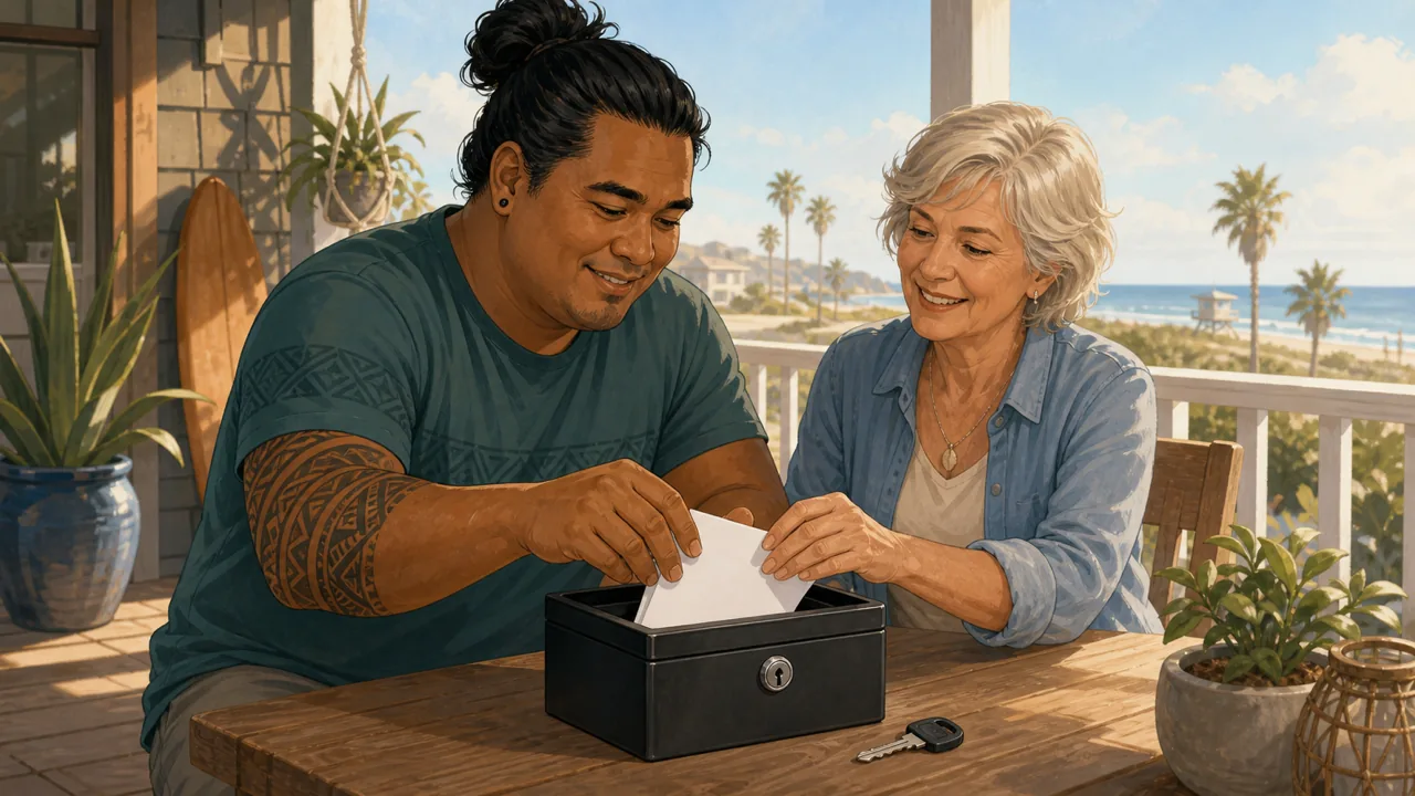 An adult and a trusted friend place blank copies into a small lockbox on a Huntington Beach porch