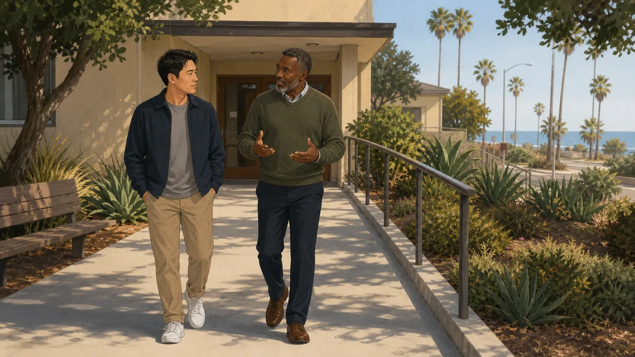 An adult and admissions professional walk along a level coastal entry path before a residential stay