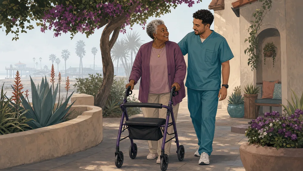An older adult receiving calm mobility-aware support during detox planning