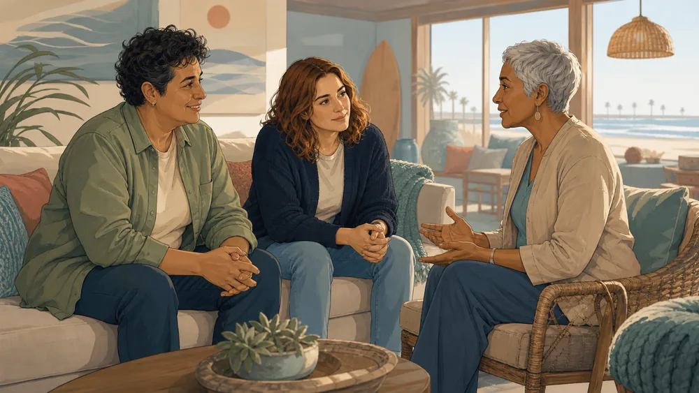 A Huntington Beach stimulant withdrawal planning conversation in a calm coastal common room