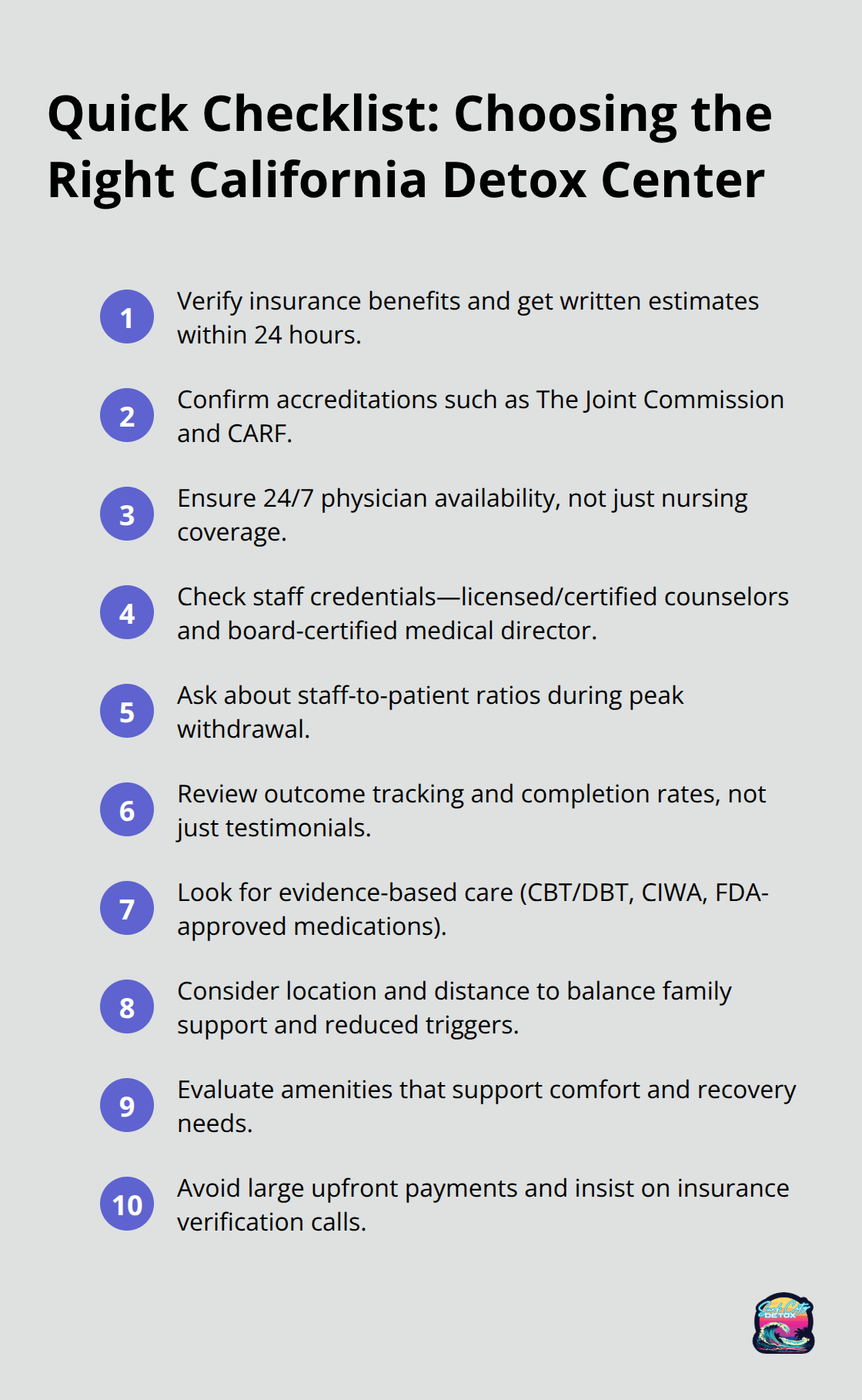 Compact checklist of key factors to evaluate when selecting a detox center in California. - best detox centers california