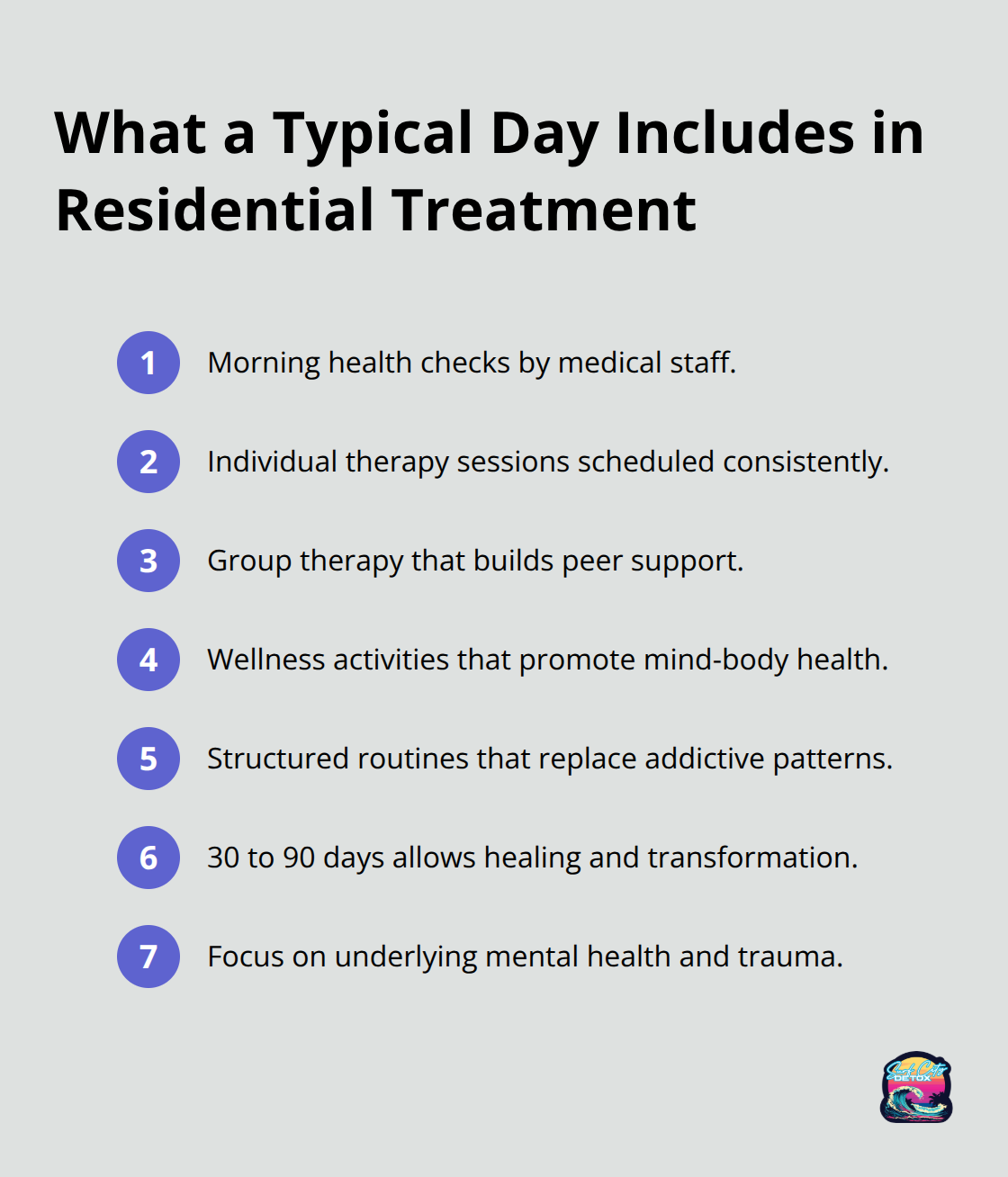 Compact list of daily schedule components in U.S. residential addiction treatment